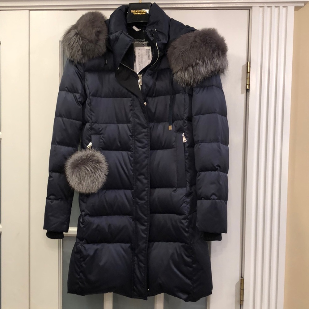 Navy Fox Hood Trim, Feather/Down Puffer Jacket
